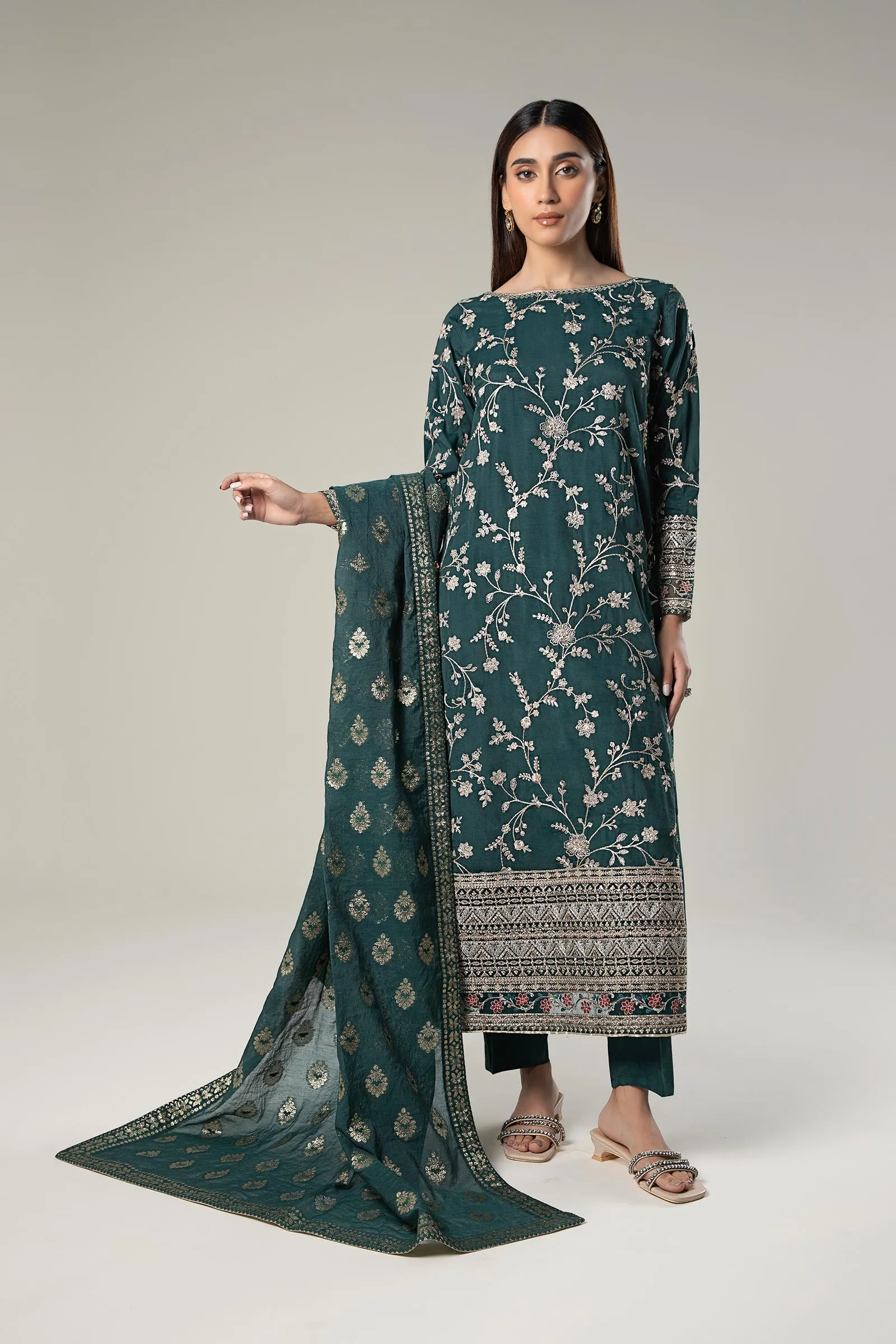 3 Pc Embroidered Raw Silk Suit | MB-WF24-45