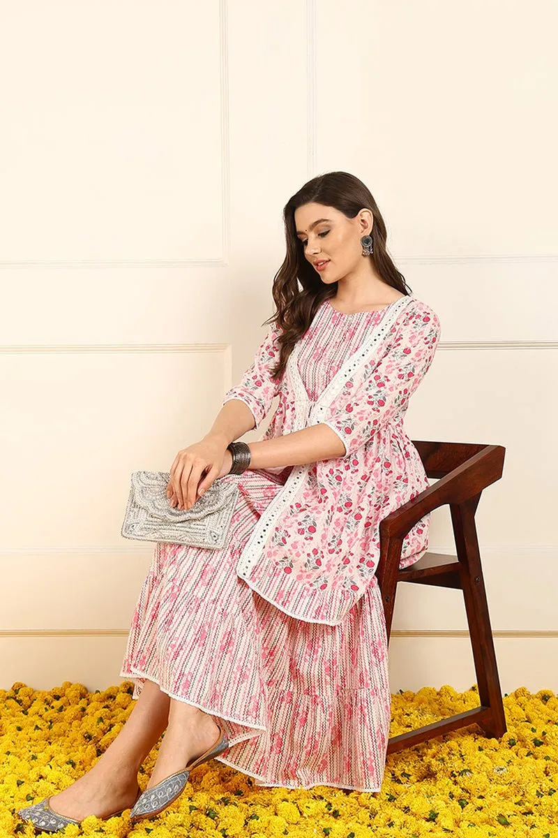 Ahika Pink Cotton Floral Printed Fit And Flare Ethnic Style Dress With Shrug