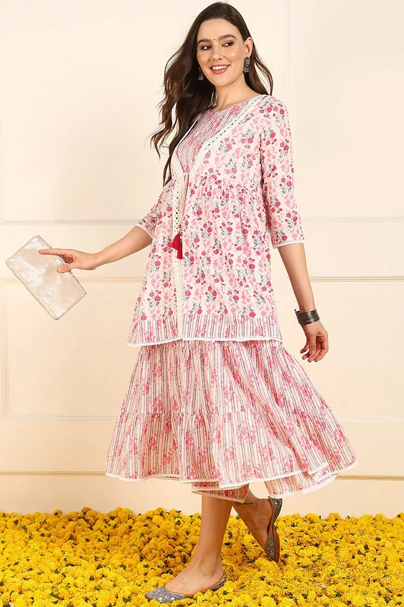 Ahika Pink Cotton Floral Printed Fit And Flare Ethnic Style Dress With Shrug