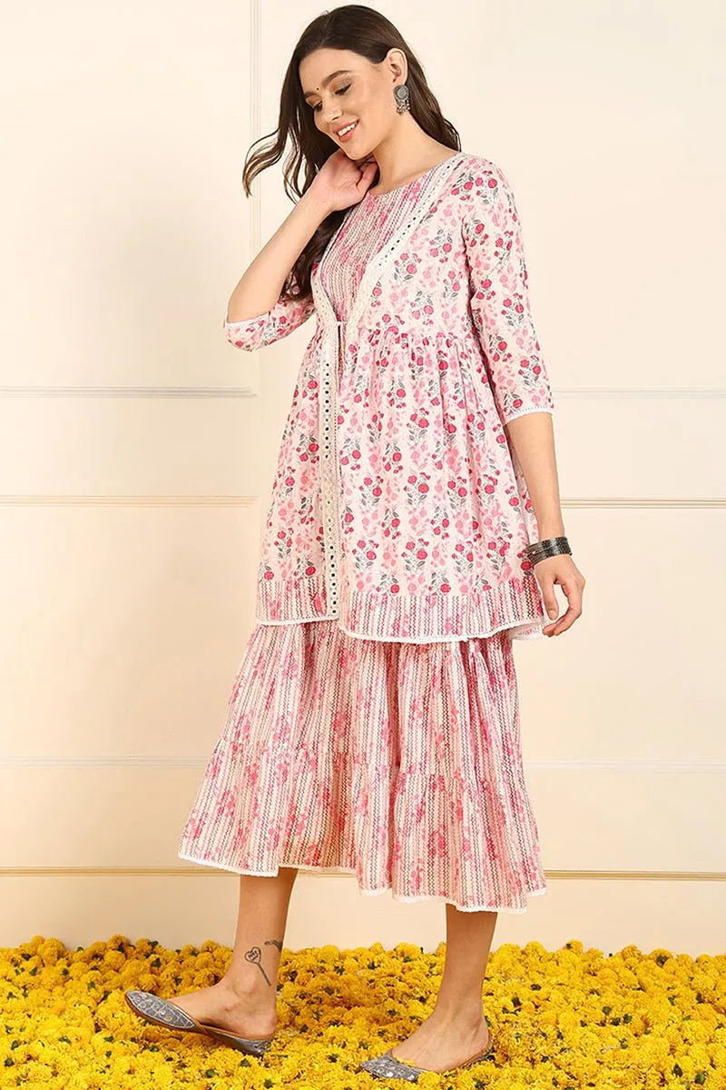 Ahika Pink Cotton Floral Printed Fit And Flare Ethnic Style Dress With Shrug