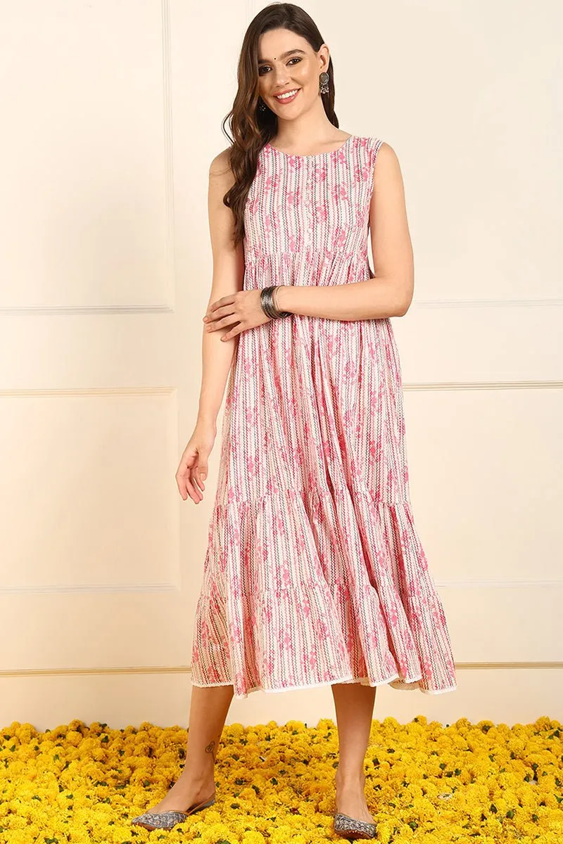 Ahika Pink Cotton Floral Printed Fit And Flare Ethnic Style Dress With Shrug