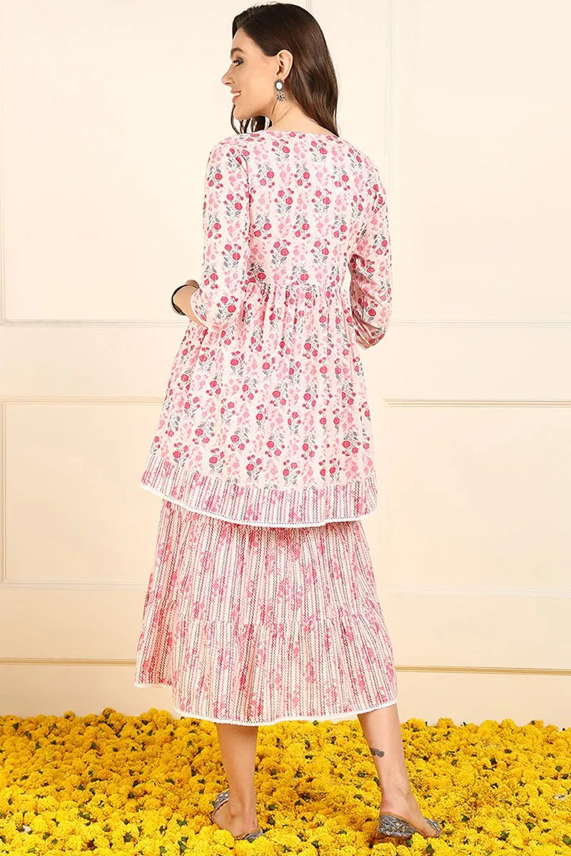 Ahika Pink Cotton Floral Printed Fit And Flare Ethnic Style Dress With Shrug