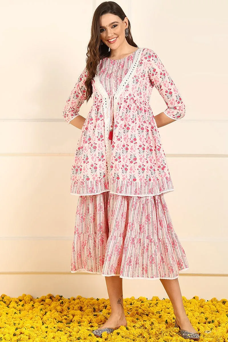 Ahika Pink Cotton Floral Printed Fit And Flare Ethnic Style Dress With Shrug