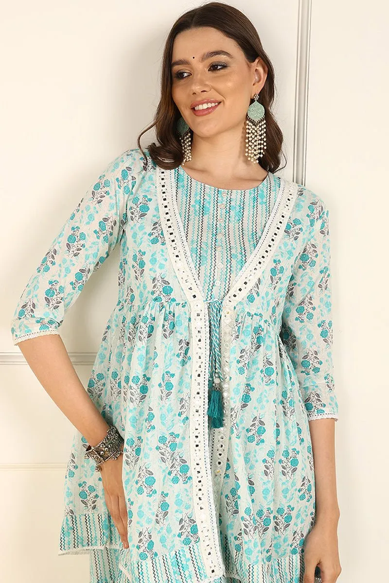 Ahika Turquoise Blue Cotton Floral Printed Fit And Flare Ethnic Style Dress With Shrug