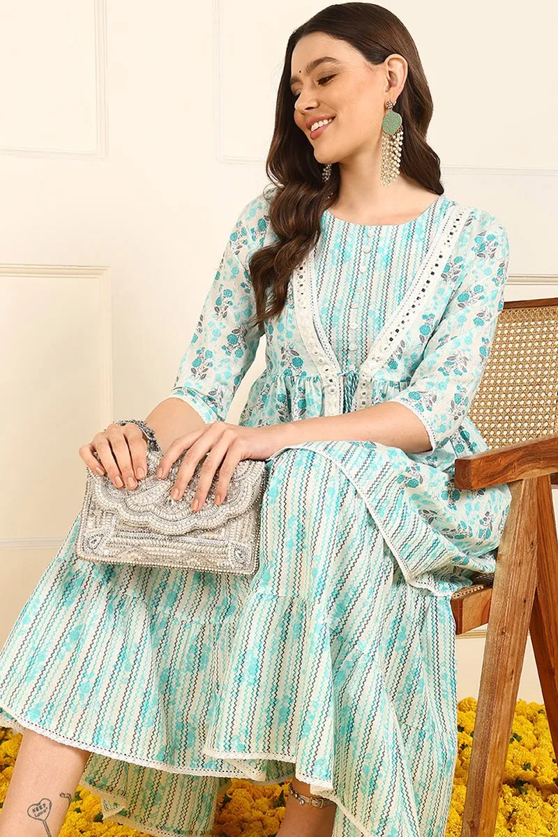 Ahika Turquoise Blue Cotton Floral Printed Fit And Flare Ethnic Style Dress With Shrug