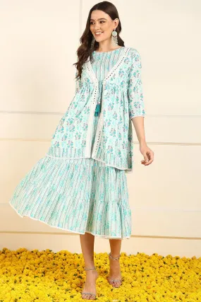 Ahika Turquoise Blue Cotton Floral Printed Fit And Flare Ethnic Style Dress With Shrug