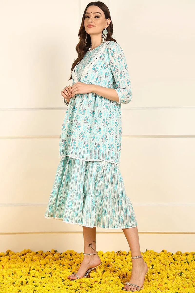 Ahika Turquoise Blue Cotton Floral Printed Fit And Flare Ethnic Style Dress With Shrug