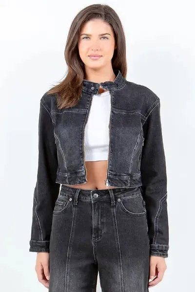 American Bazi Zip Up Cropped Denim Rider Jacket