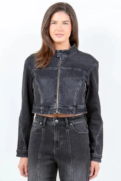 American Bazi Zip Up Cropped Denim Rider Jacket