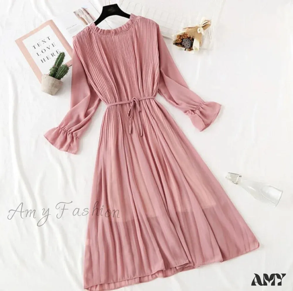 Amy Fashion - Casual Flare Sleeve Office Chiffon Dot Print Dresses