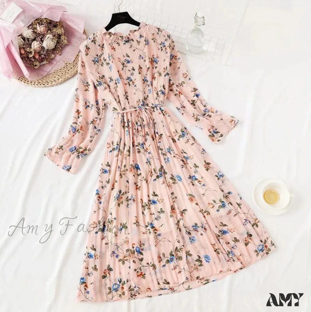 Amy Fashion - Casual Flare Sleeve Office Chiffon Dot Print Dresses