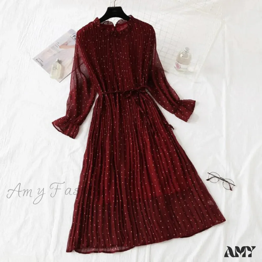 Amy Fashion - Casual Flare Sleeve Office Chiffon Dot Print Dresses