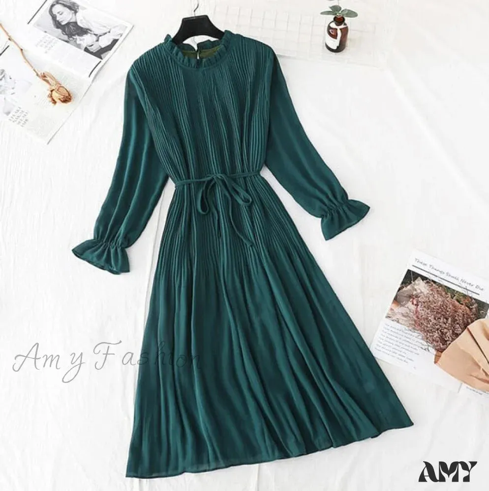 Amy Fashion - Casual Flare Sleeve Office Chiffon Dot Print Dresses