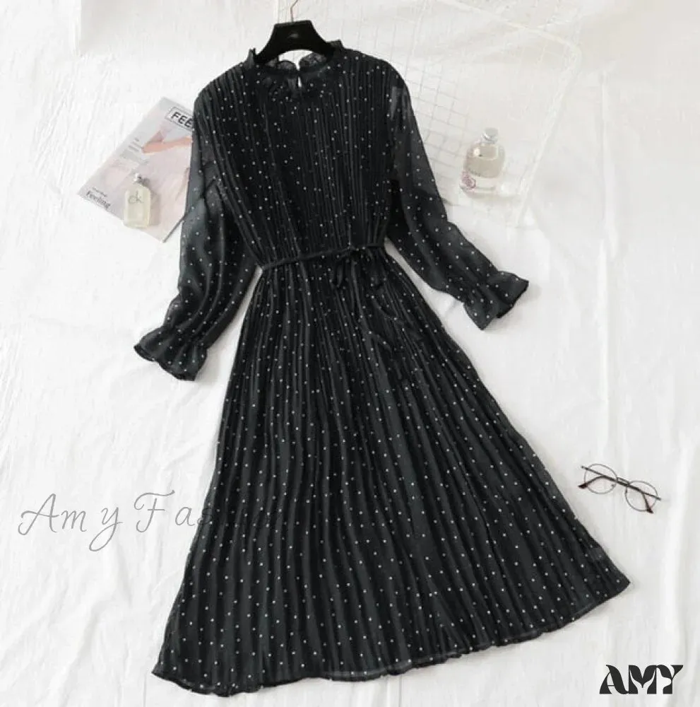 Amy Fashion - Casual Flare Sleeve Office Chiffon Dot Print Dresses