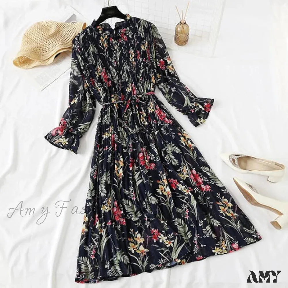 Amy Fashion - Casual Flare Sleeve Office Chiffon Dot Print Dresses