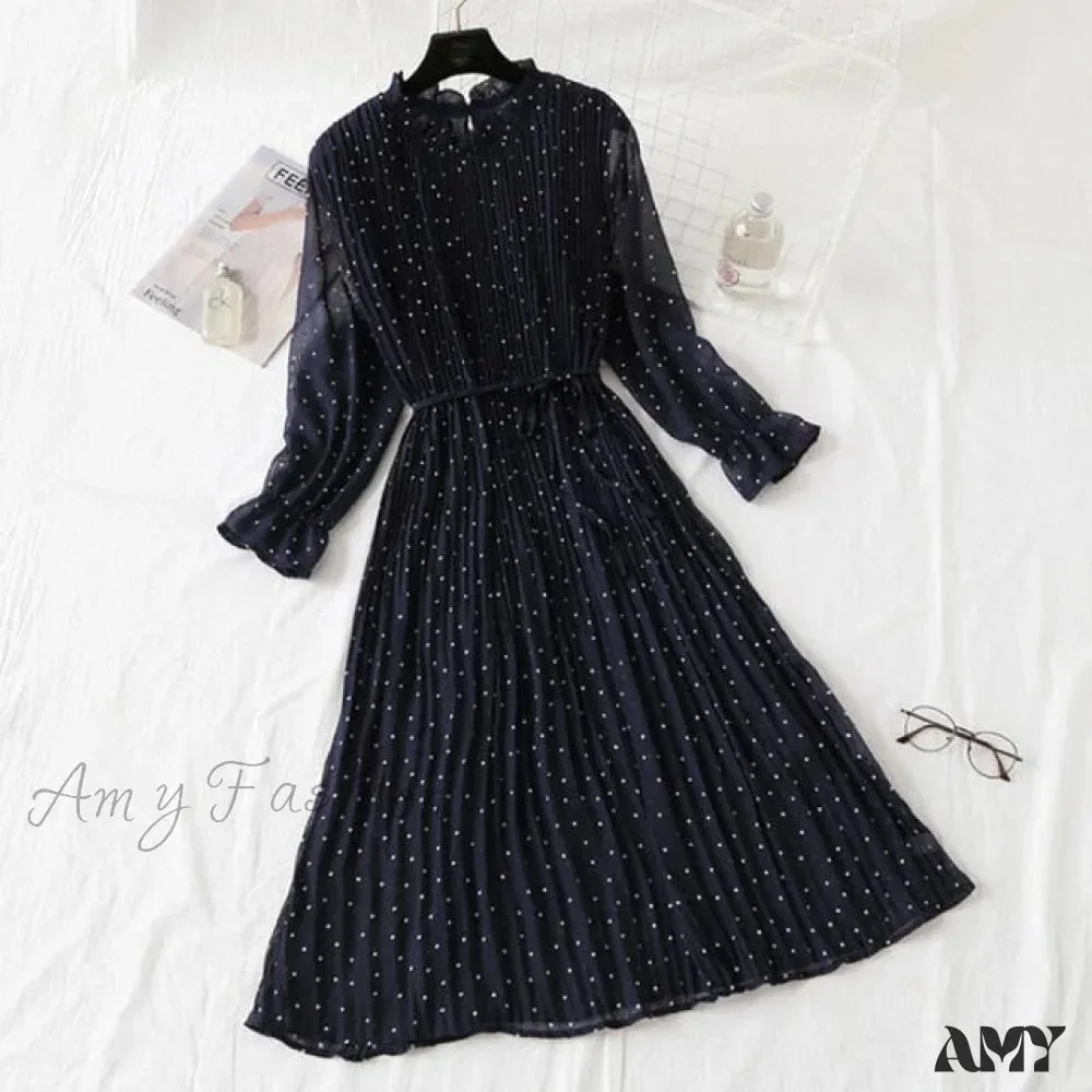 Amy Fashion - Casual Flare Sleeve Office Chiffon Dot Print Dresses