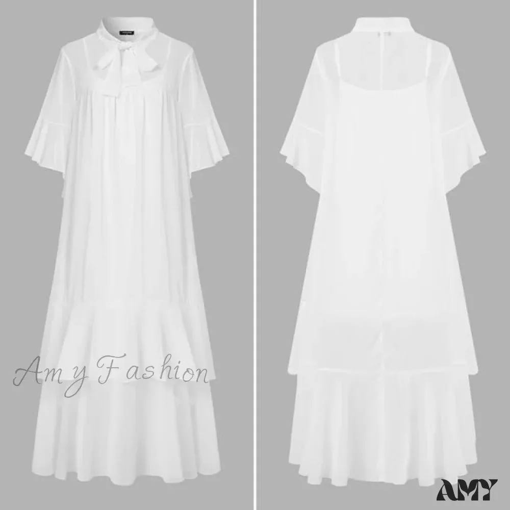 Amy Fashion - Flare Sleeve Pleated Ruffled Long Maxi Dress