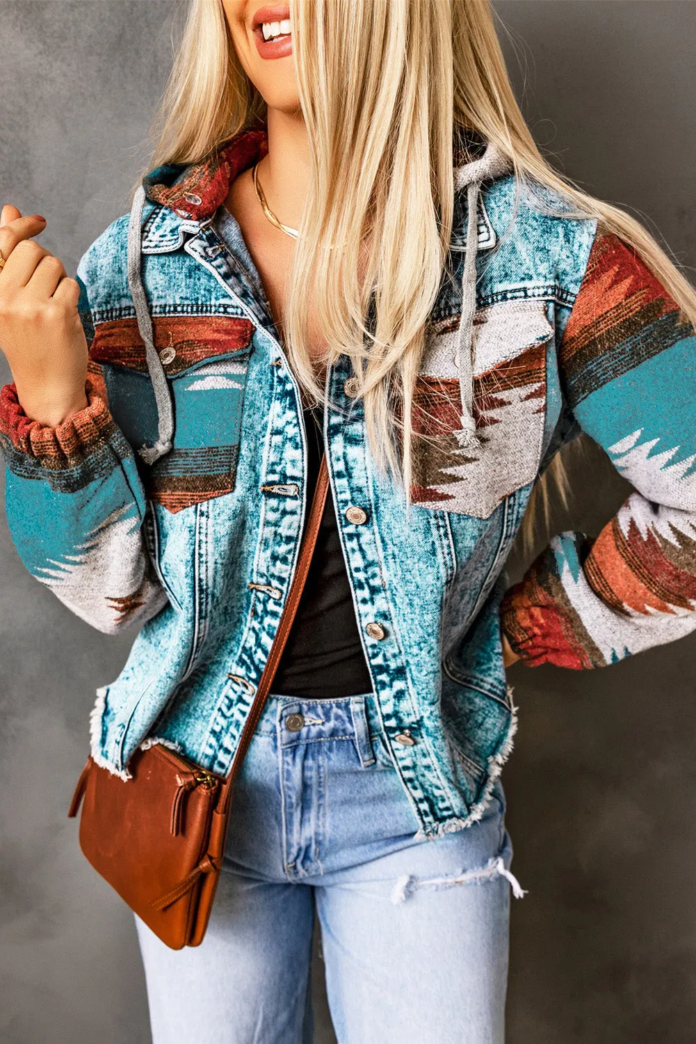 Aztec Print Frayed Hem Denim Jacket