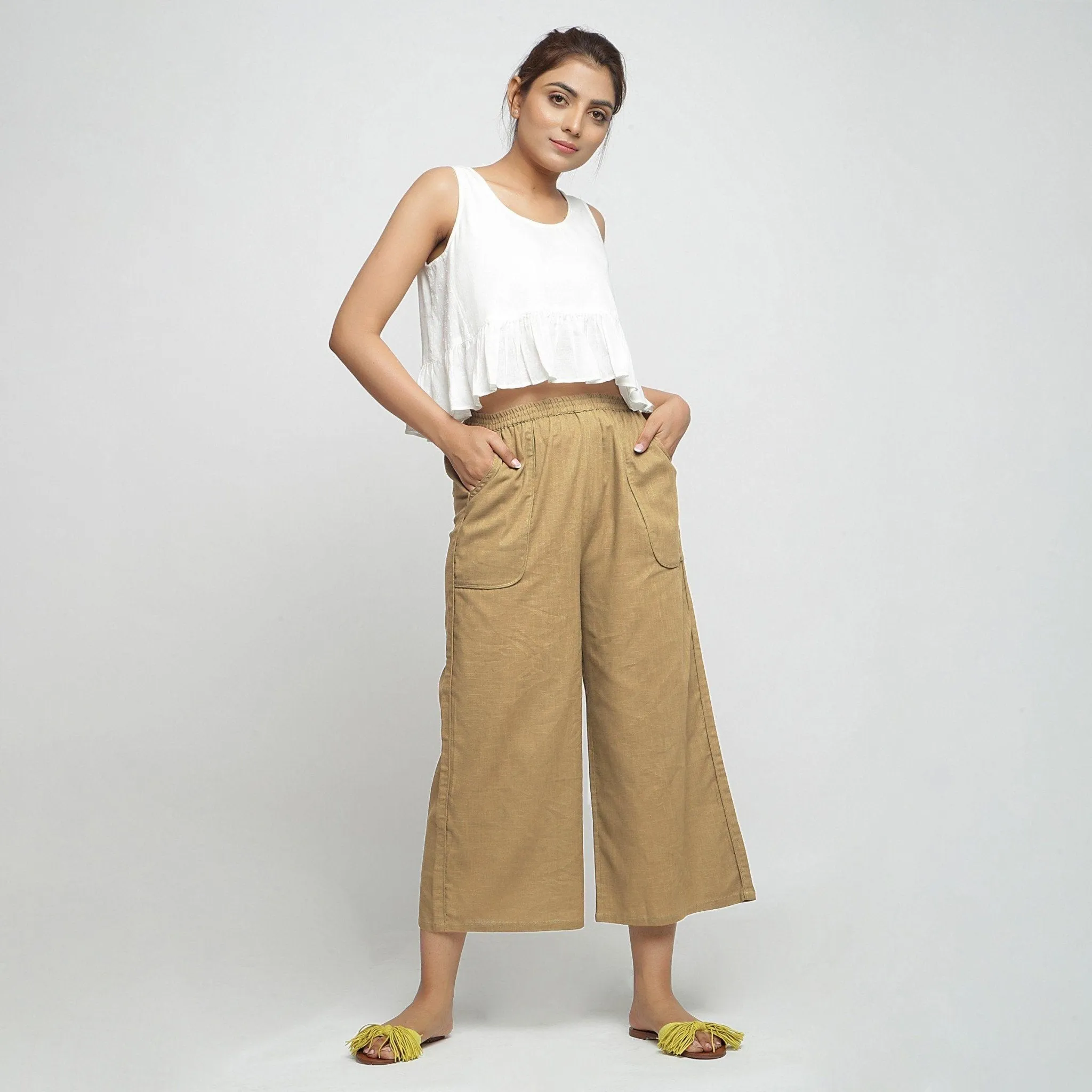 Beige 100% Cotton Mid-Rise Elasticated Wide Legged Pant