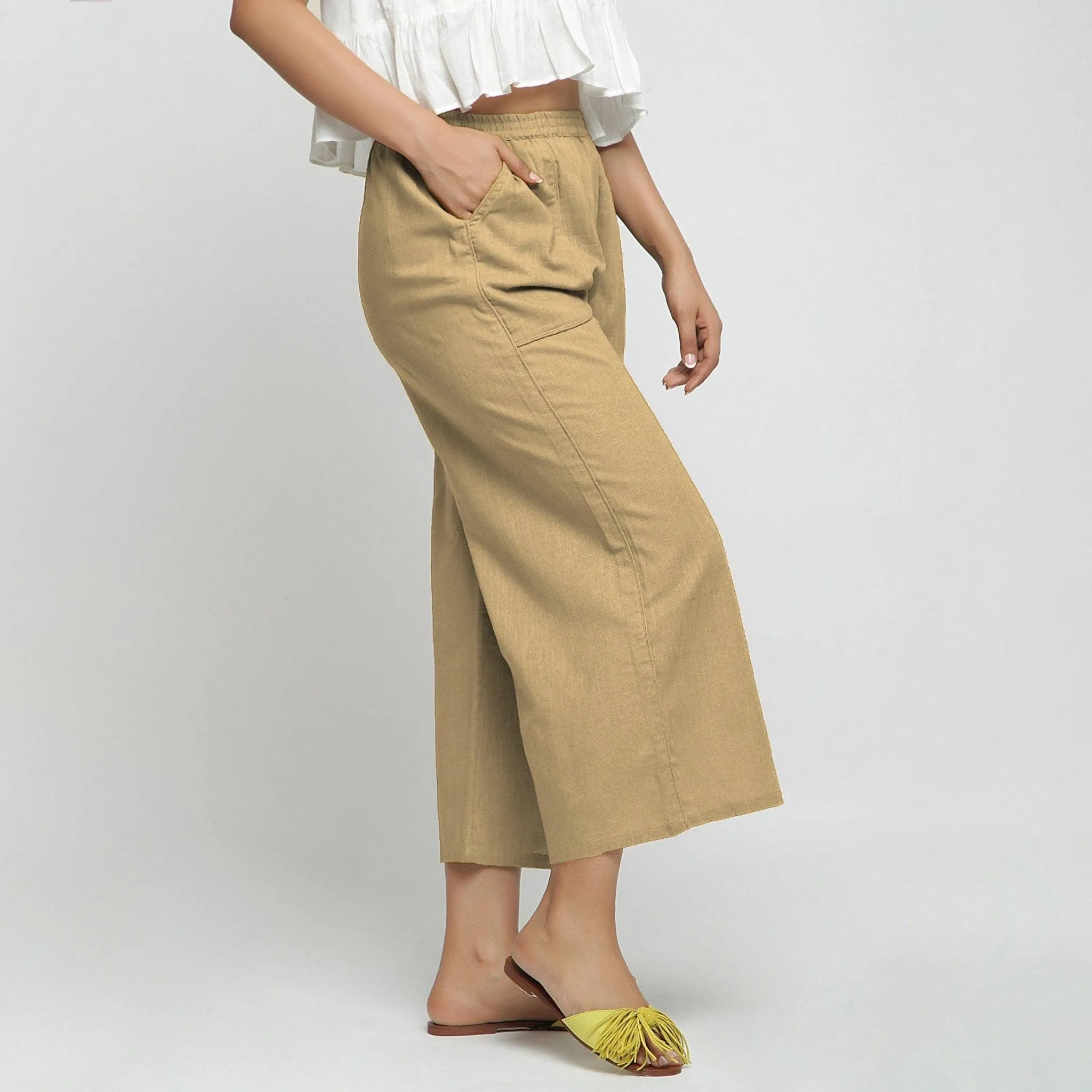 Beige 100% Cotton Mid-Rise Elasticated Wide Legged Pant