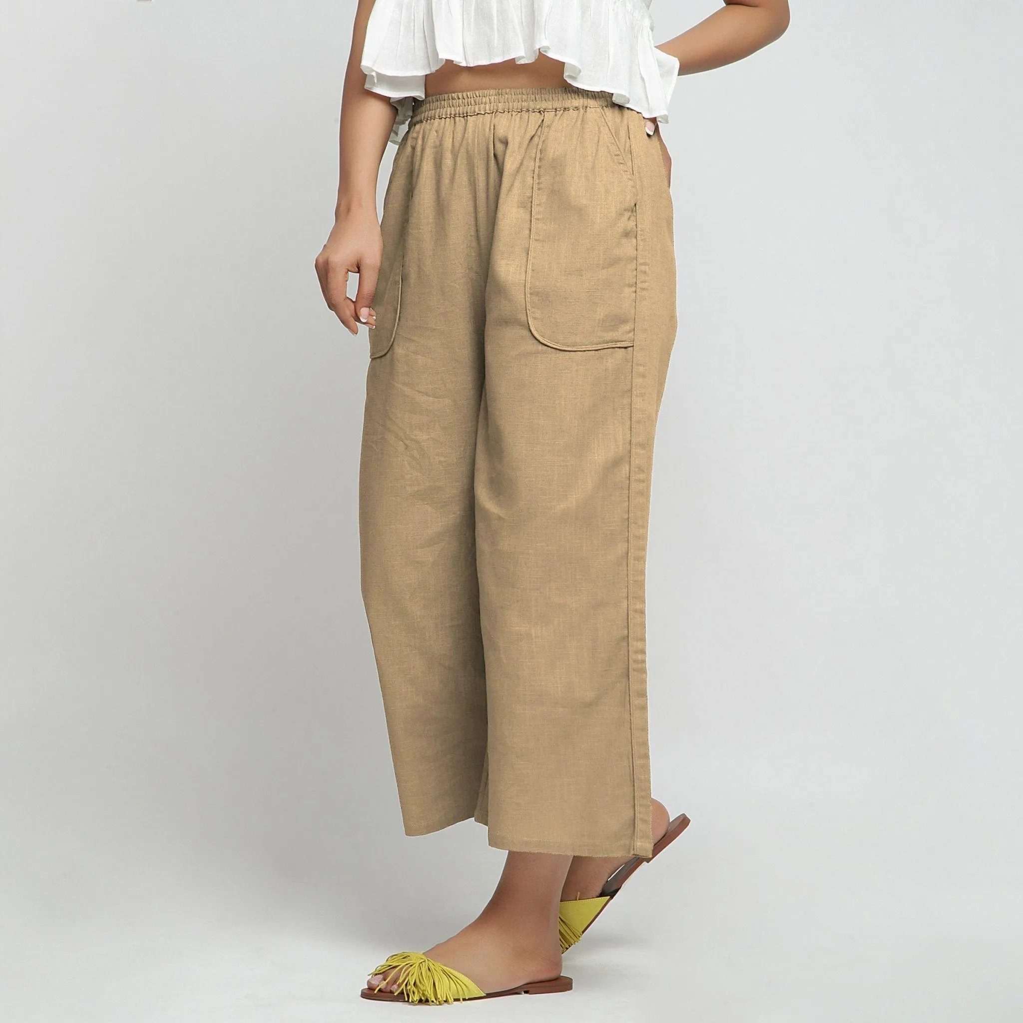 Beige 100% Cotton Mid-Rise Elasticated Wide Legged Pant