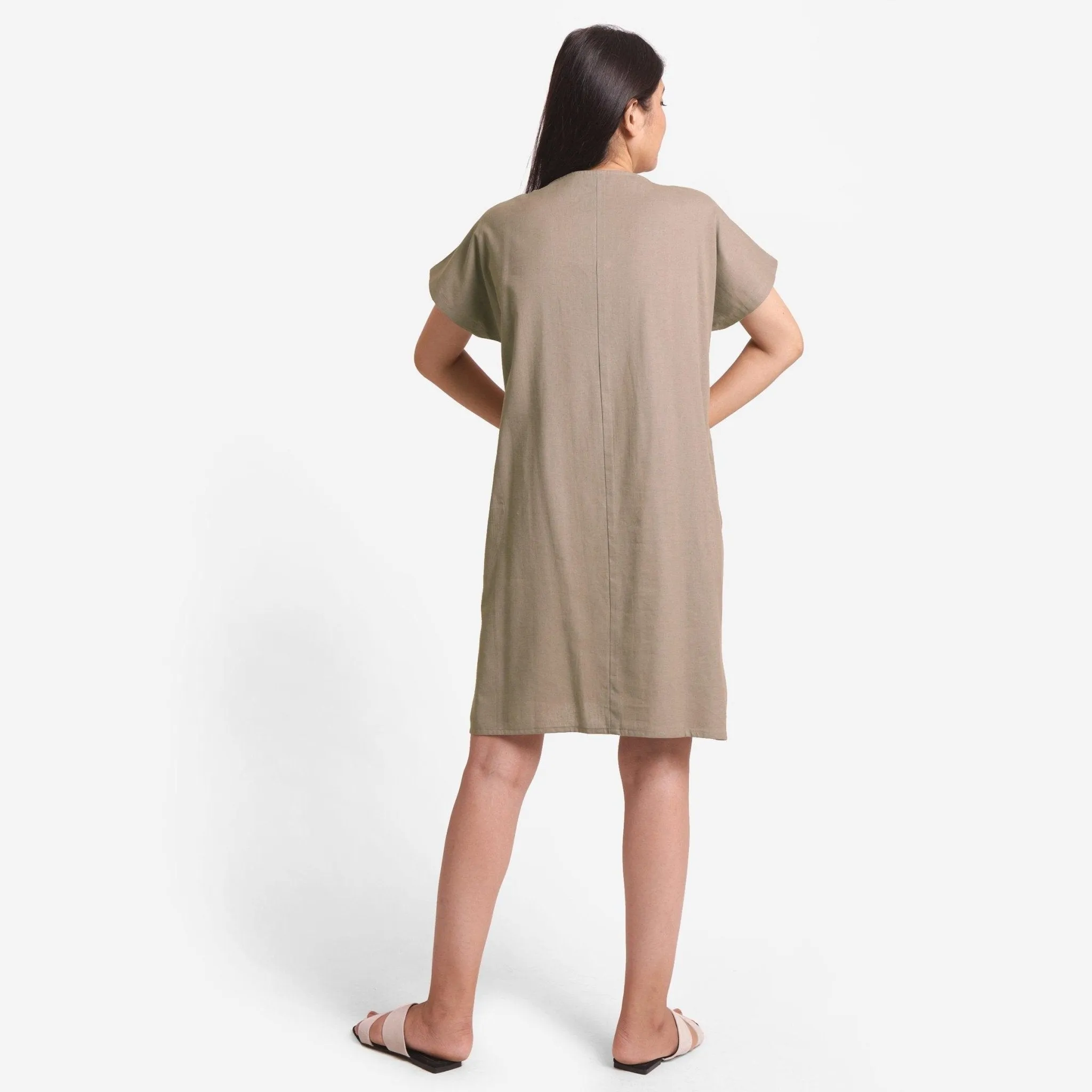 Beige Cotton Flax V-Neck Short Shift Tunic