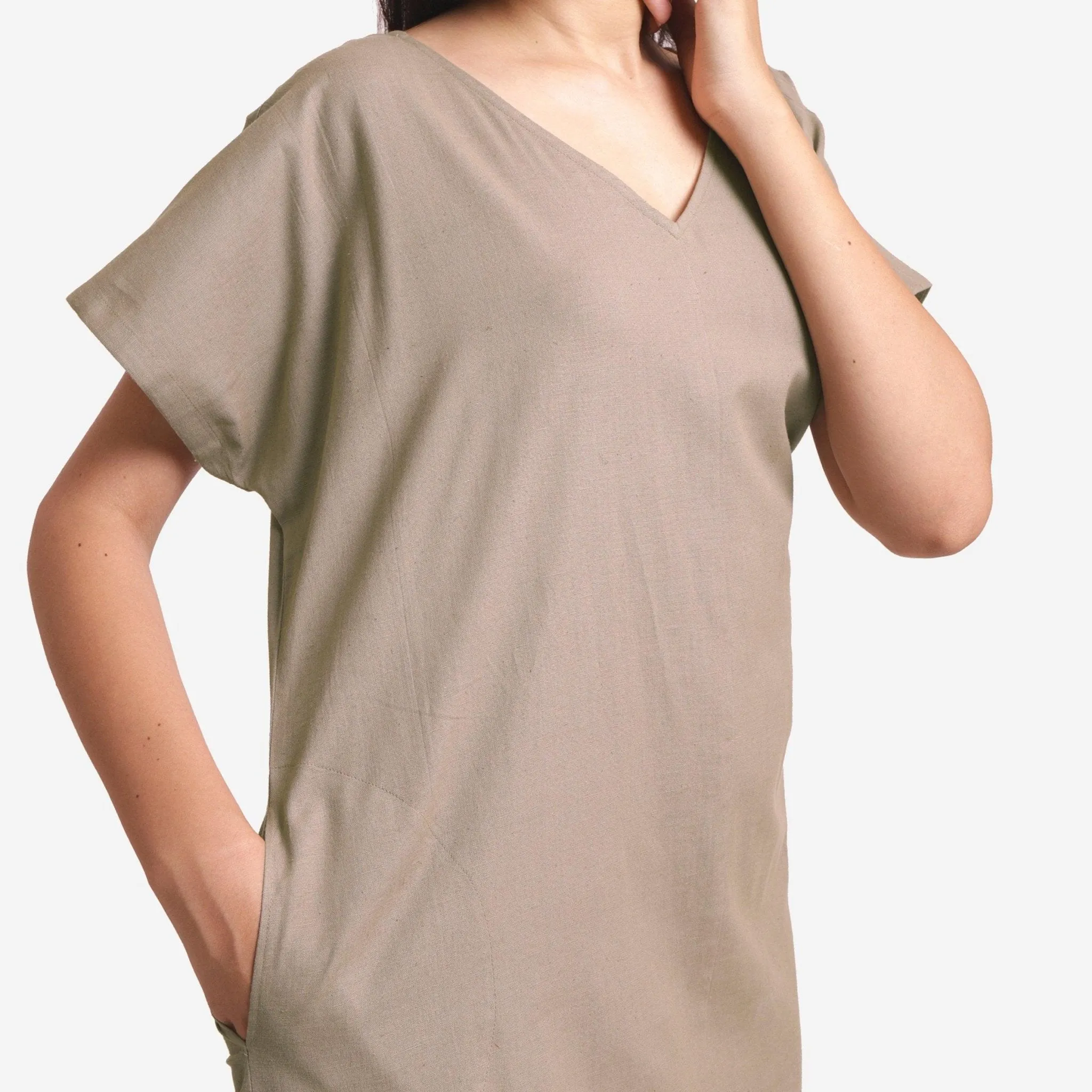 Beige Cotton Flax V-Neck Short Shift Tunic