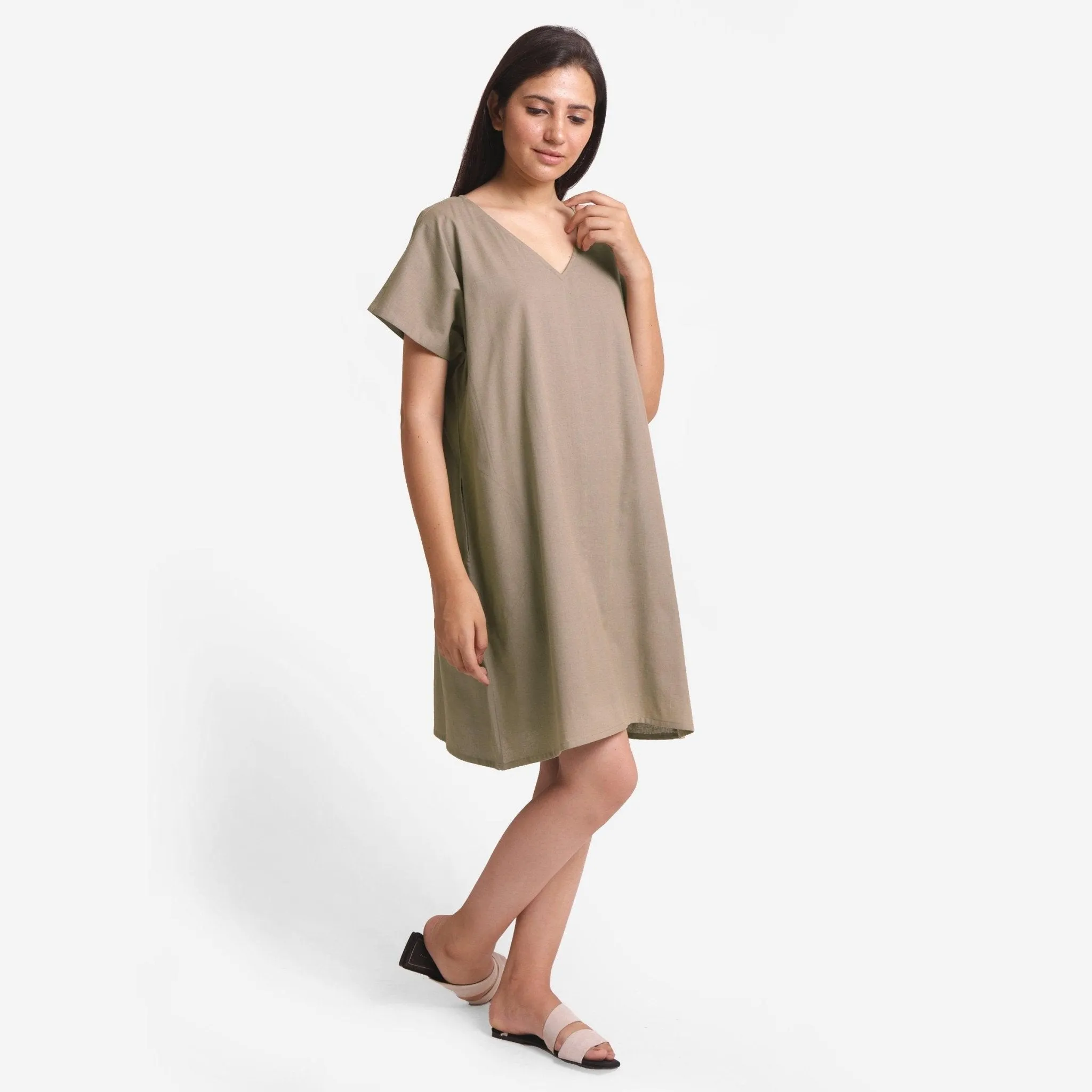 Beige Cotton Flax V-Neck Short Shift Tunic