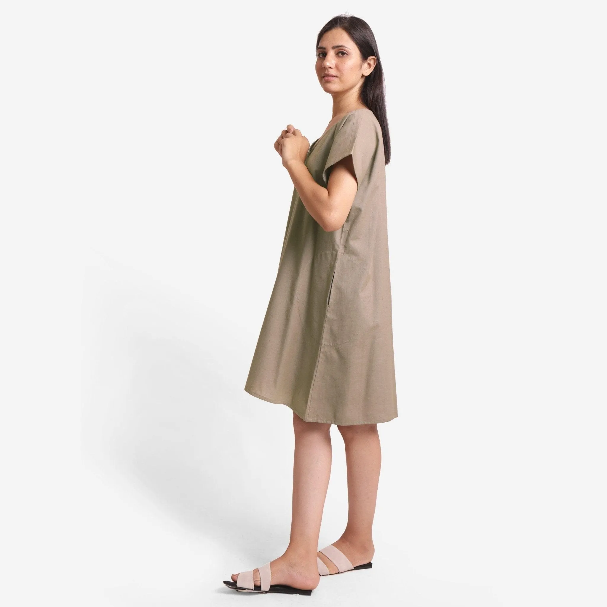 Beige Cotton Flax V-Neck Short Shift Tunic