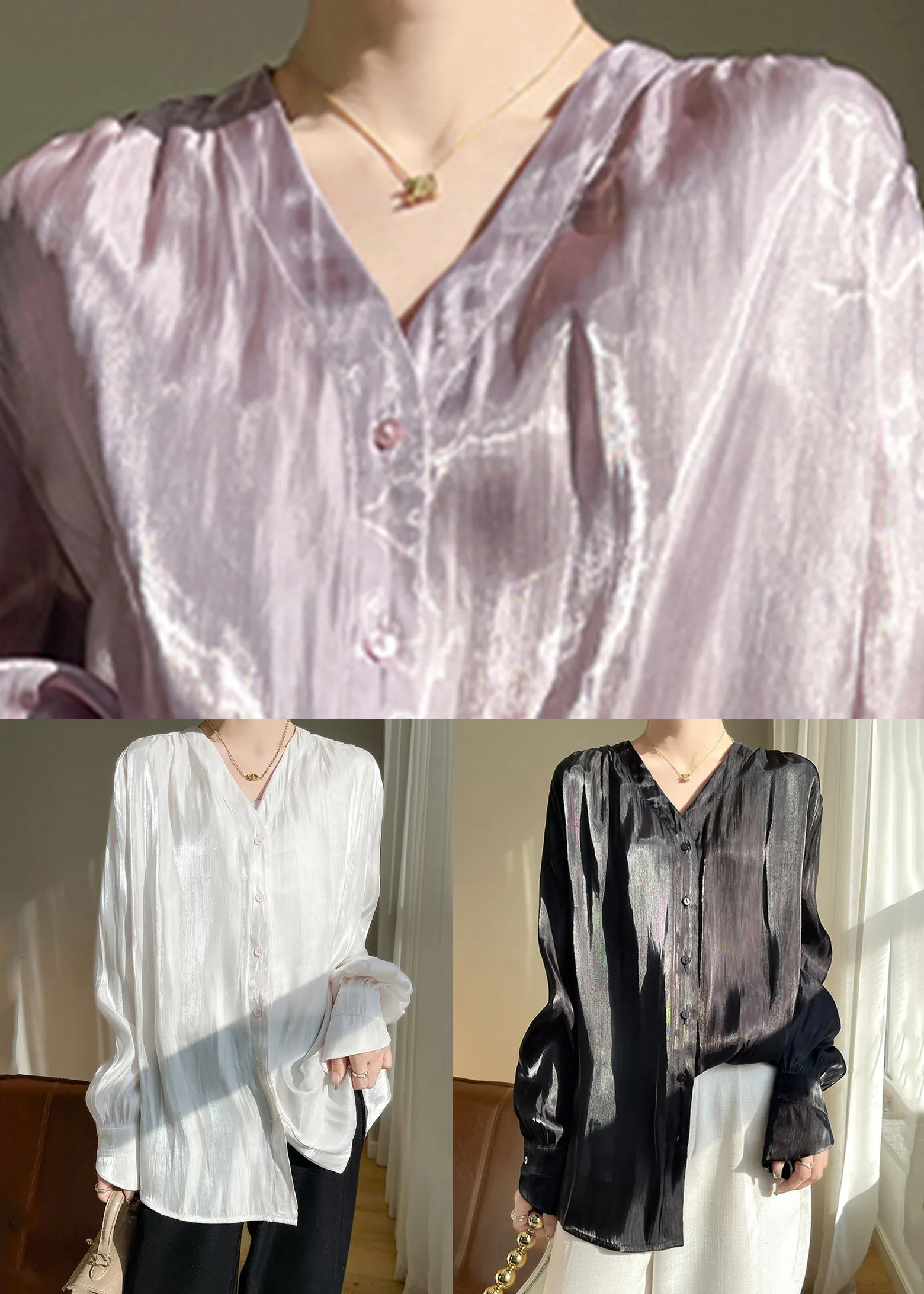 Black Button Silk Blouses V Neck Long Sleeve AB1018