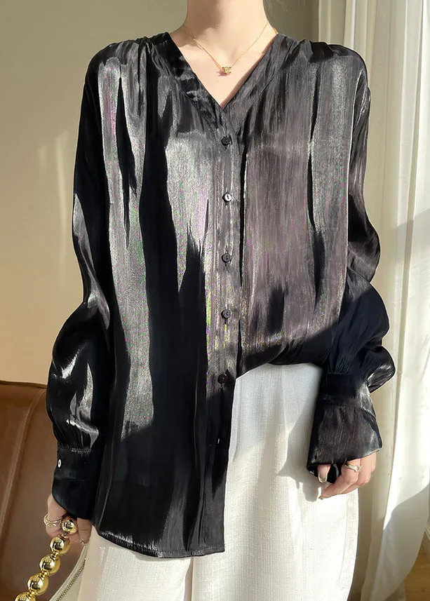 Black Button Silk Blouses V Neck Long Sleeve AB1018