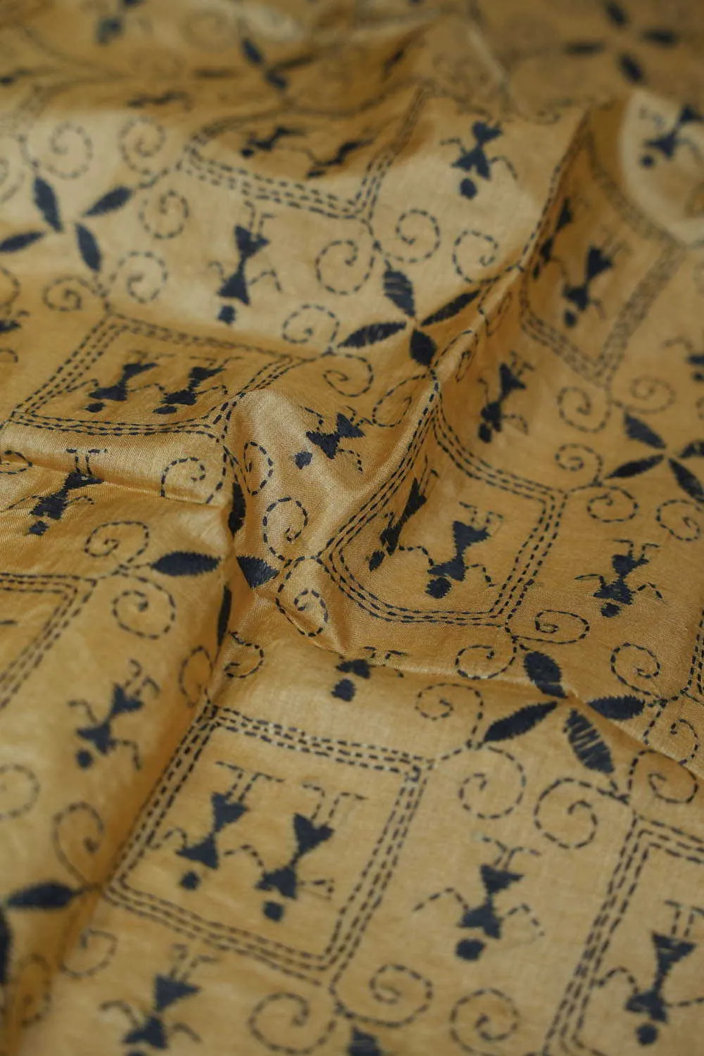 Black Pattern on Yellow Kantha Silk Blouse