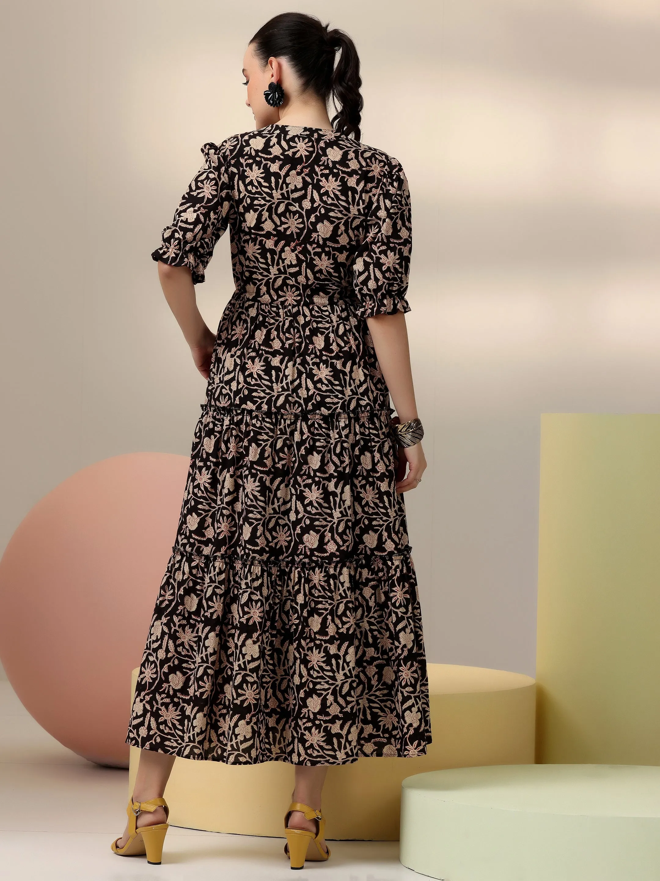 Black Printed Cotton Fit and Flare Dress