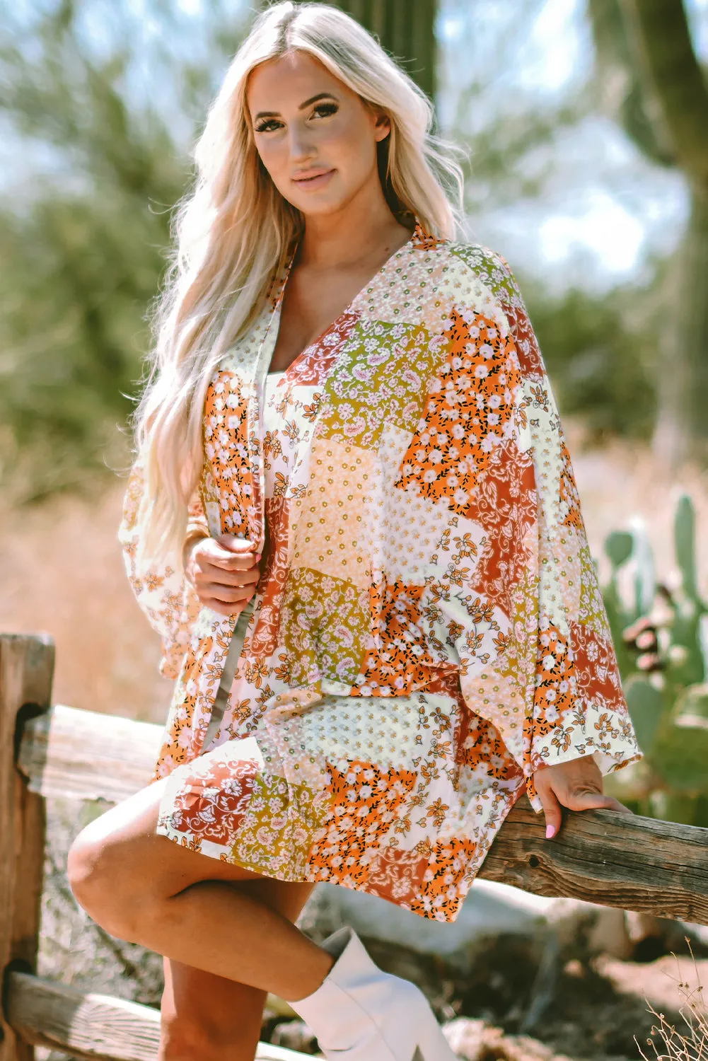 Boho Patchwork Floral Open Front Kimono