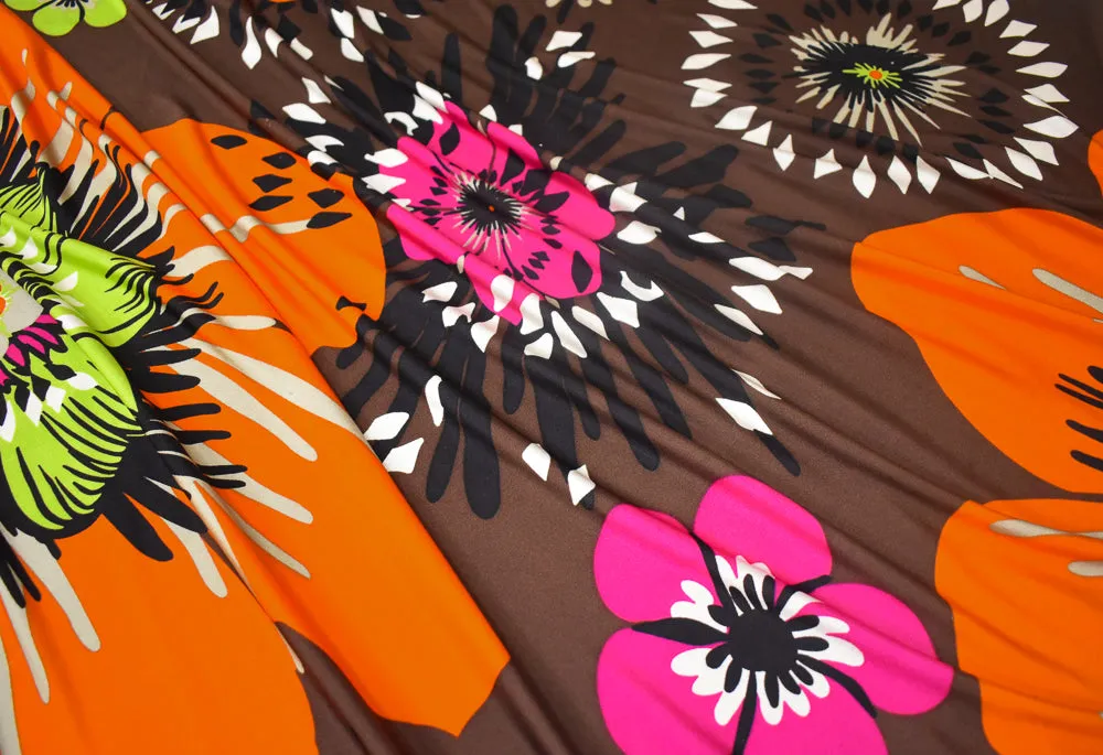 Brown-Lime-Orange-Multi Floral Printed Stretch Silk Jersey Knit Fabric