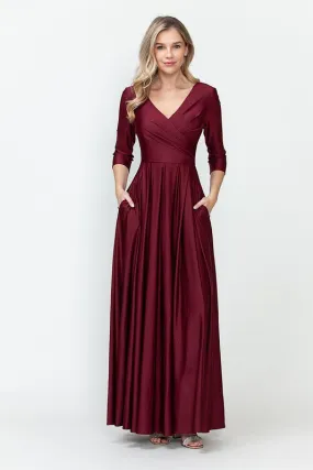 Burgundy Sleeve Wrap Pleated Flare Pockets Formal Dress