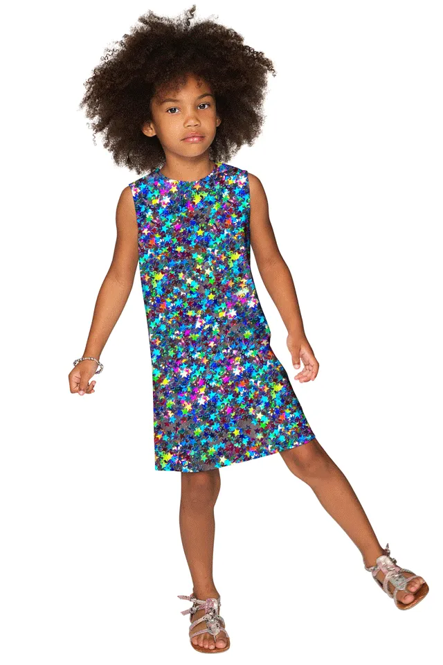 BUY 1 GET 4 FREE! Hollywood Sparkle Adele Grey Star Print Holiday Shift Dress - Girls