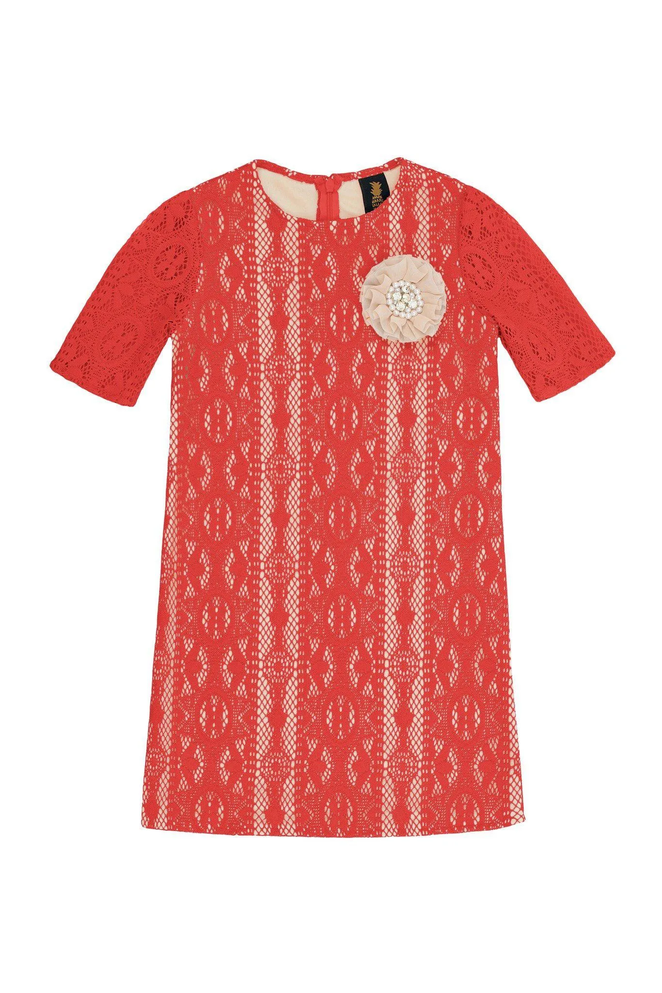 BUY 1 GET 4 FREE! Orange Coral Red Crochet Lace Sleeved Shift Fancy Party Dress - Girls