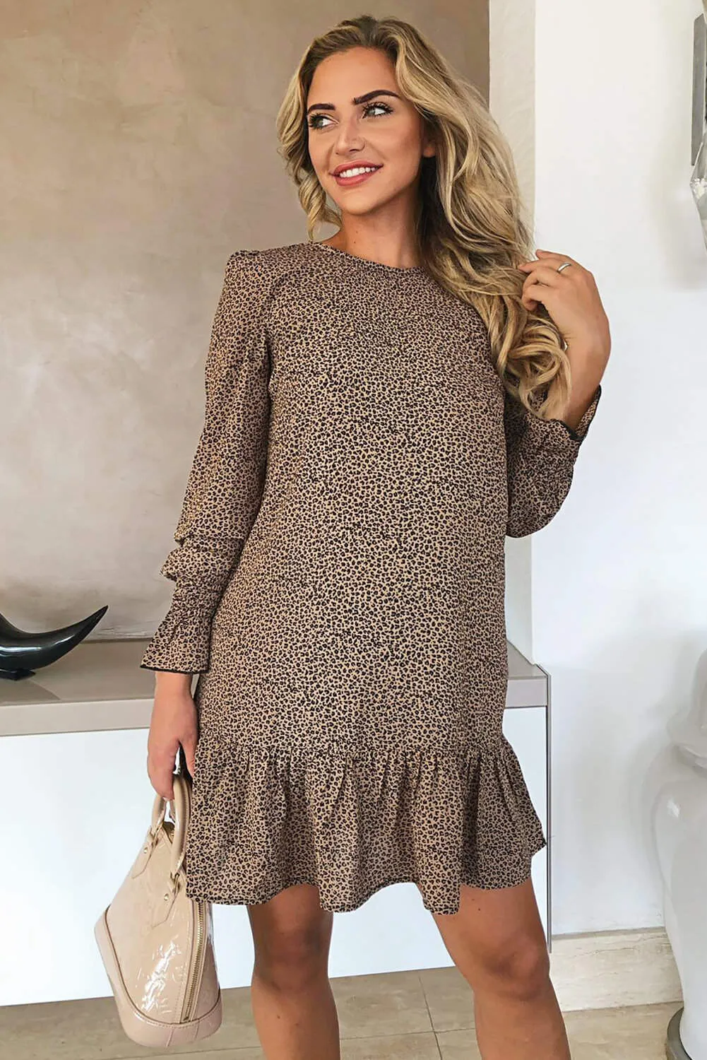 Camel Printed Frill Hem Shift Dress