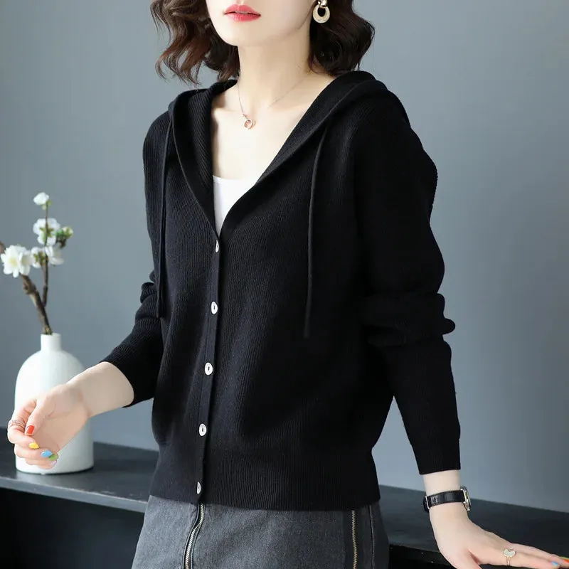 Casual Long Sleeve Button Up Hooded Knitted Sweaters