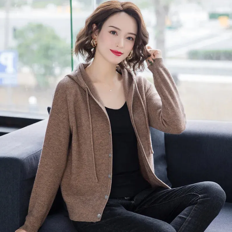 Casual Long Sleeve Button Up Hooded Knitted Sweaters