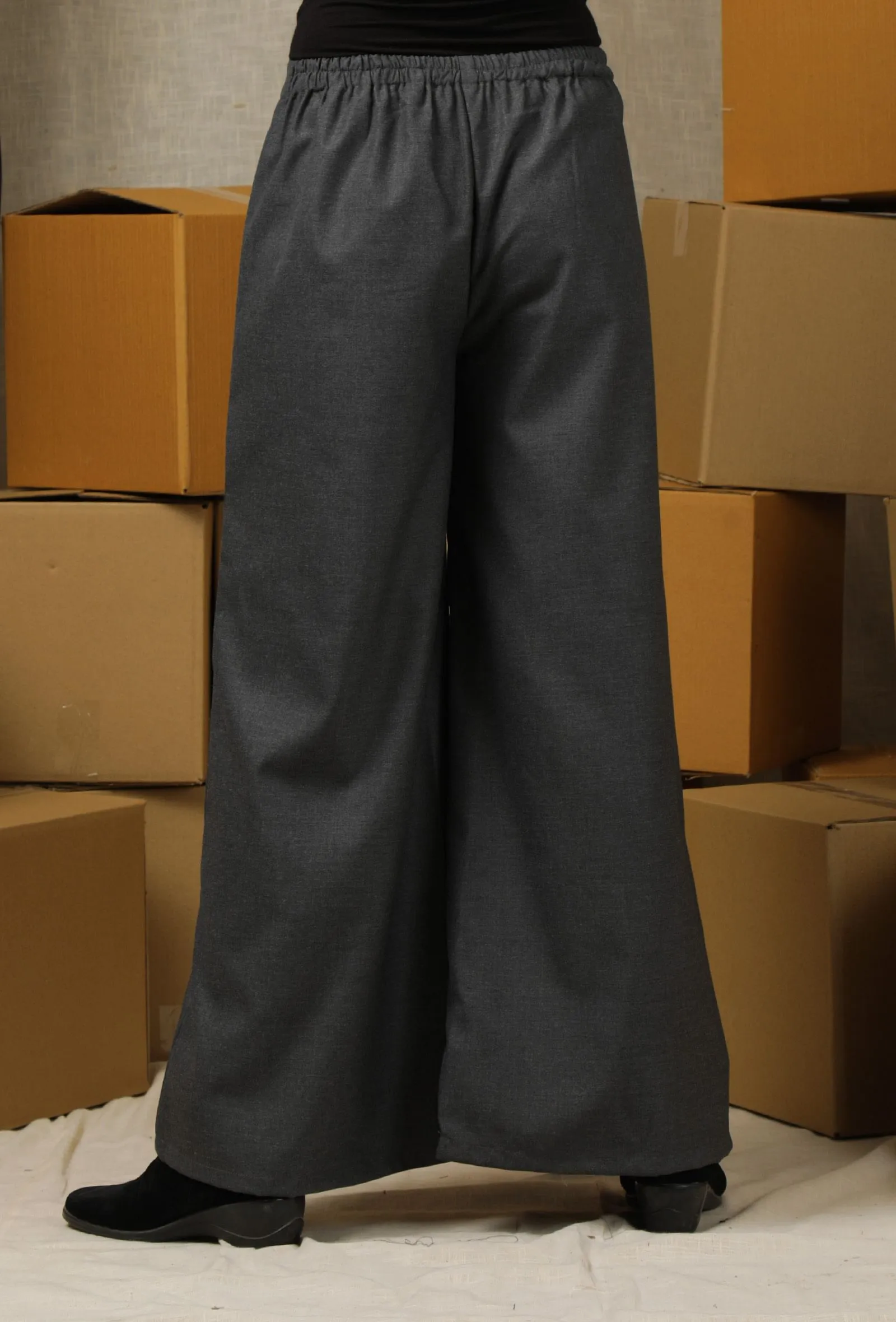 Charcoal Grey Solid Linen Wide Leg Formal Pants With Pockets