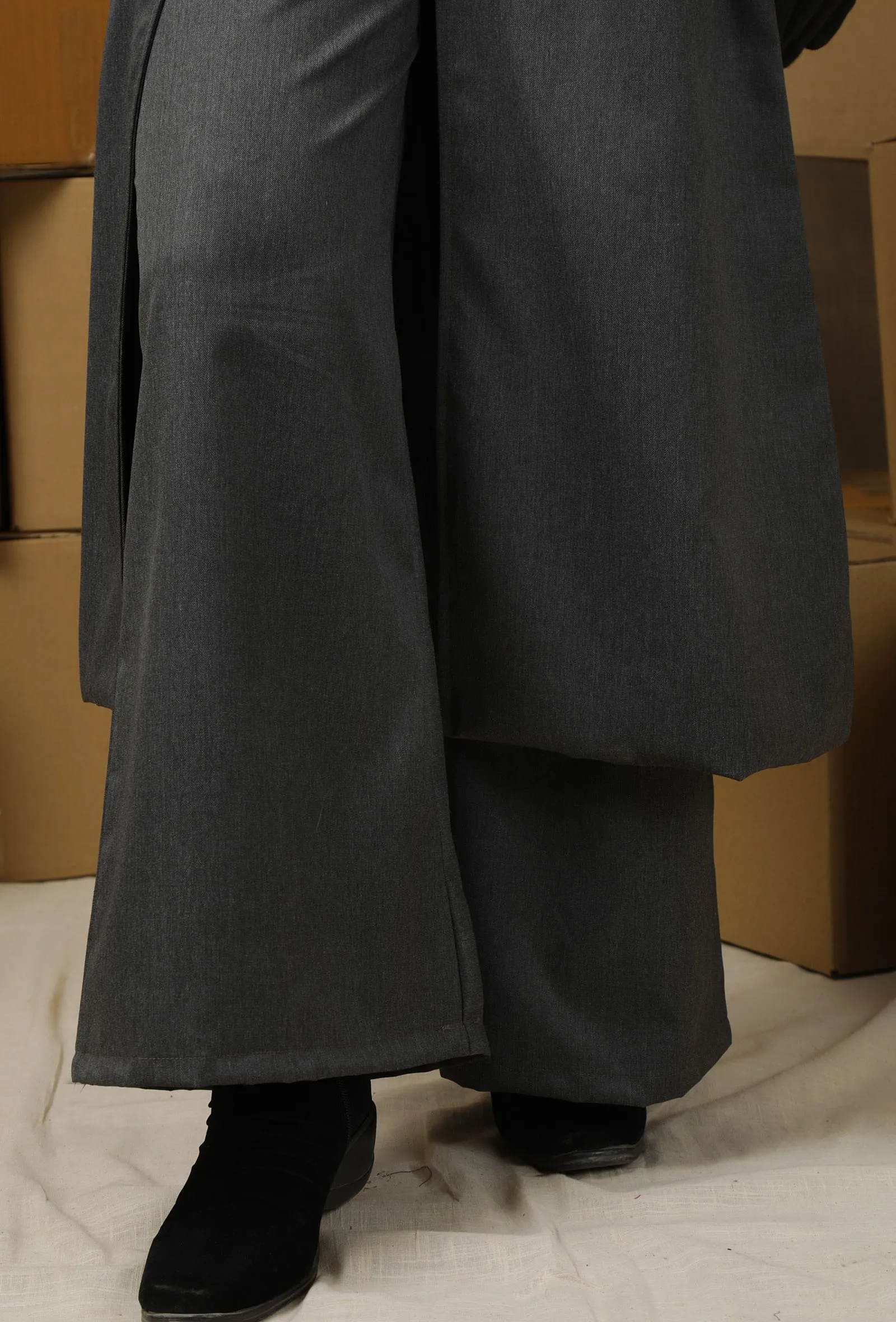 Charcoal Grey Solid Linen Wide Leg Formal Pants With Pockets