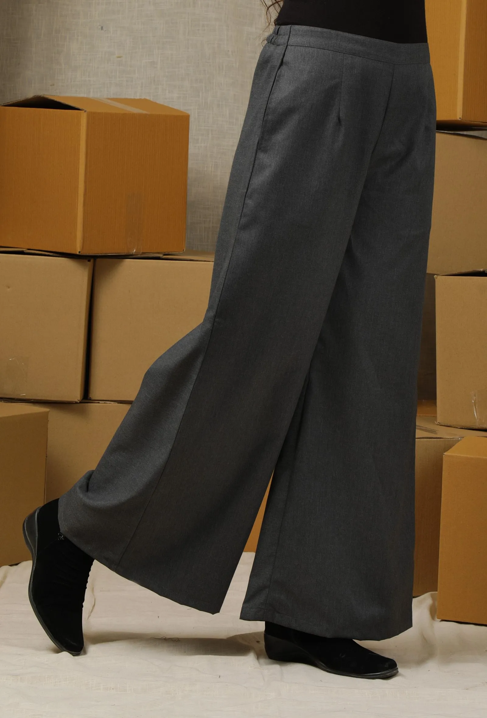 Charcoal Grey Solid Linen Wide Leg Formal Pants With Pockets