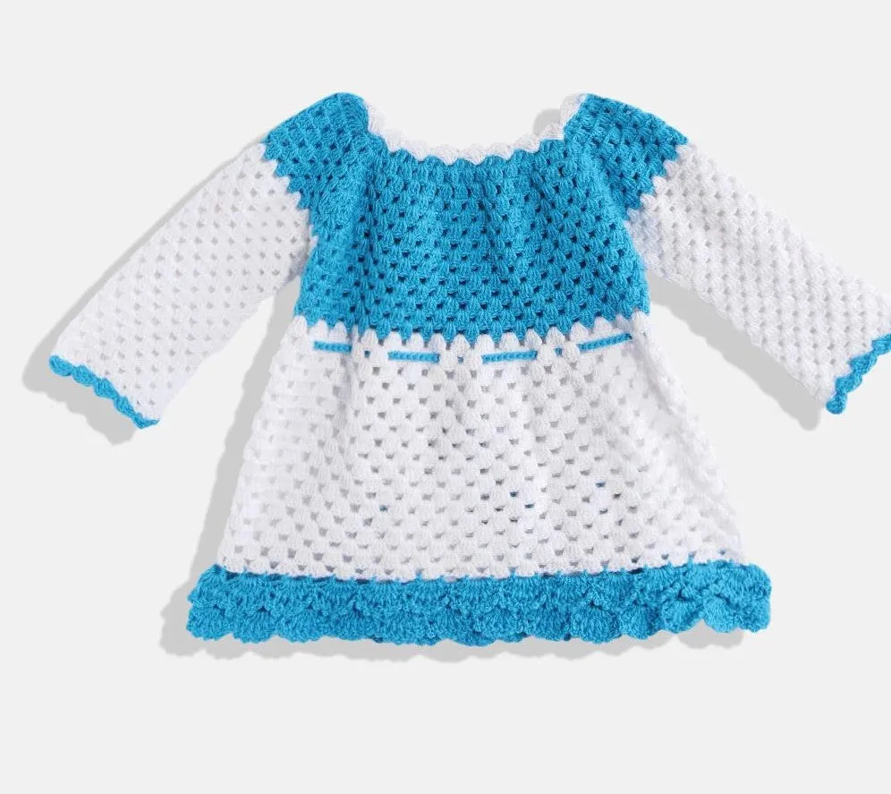 ChutPut Hand knitted Crochet AquaWool Dress For Baby Girls - Blue