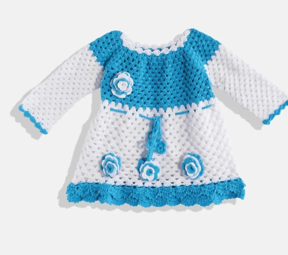 ChutPut Hand knitted Crochet AquaWool Dress For Baby Girls - Blue