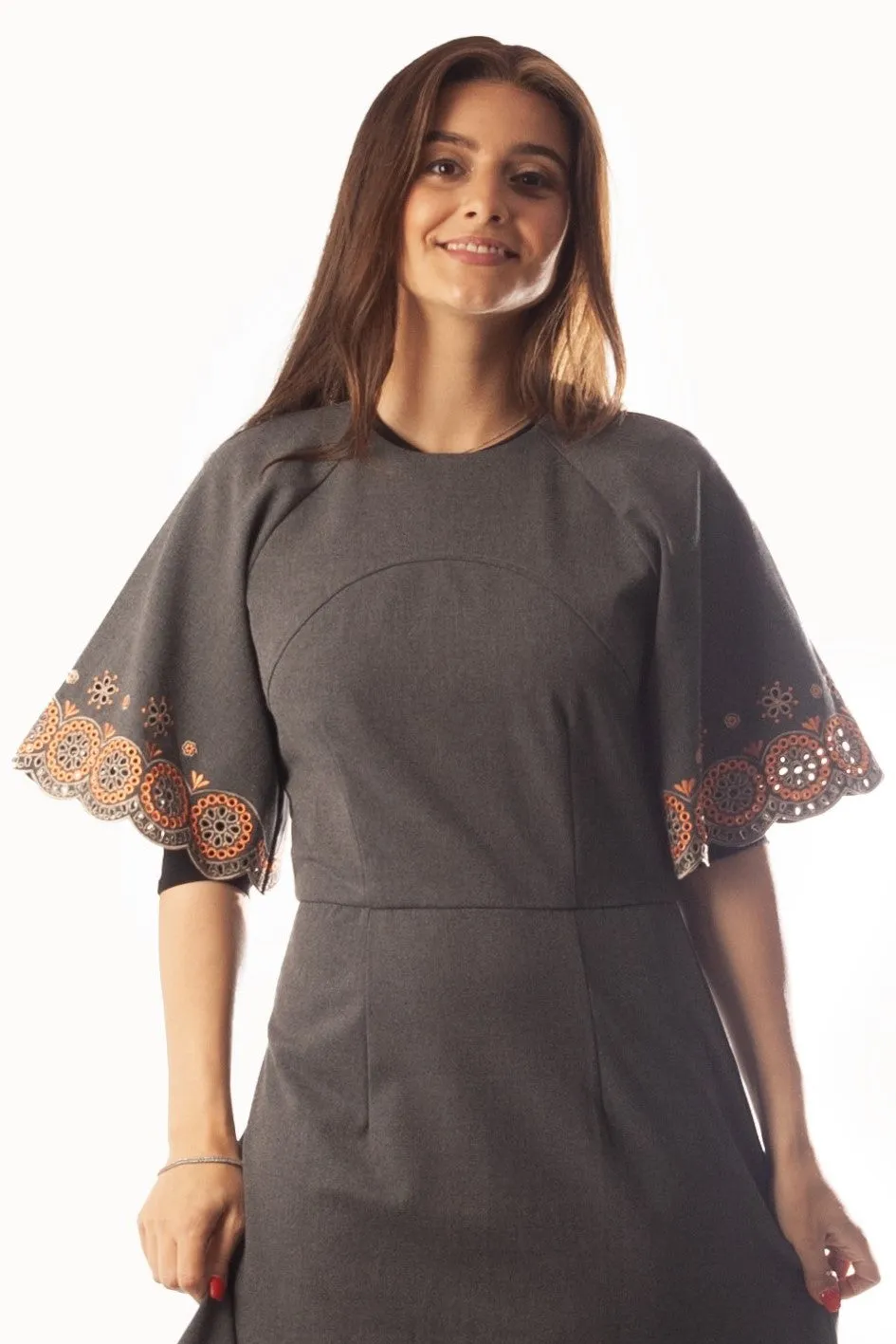 Circle Embroidered sleeves   Hem Dress