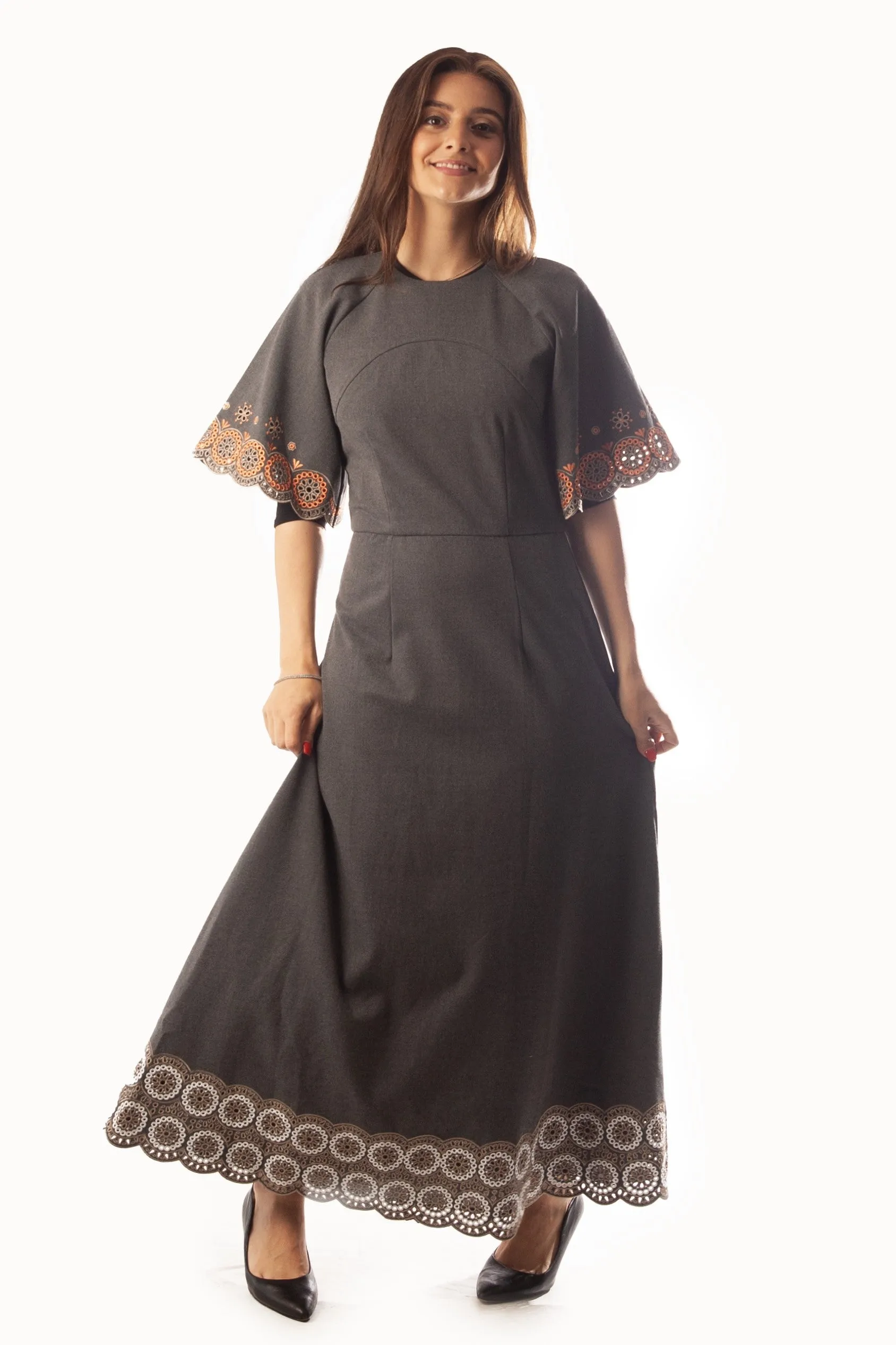 Circle Embroidered sleeves   Hem Dress