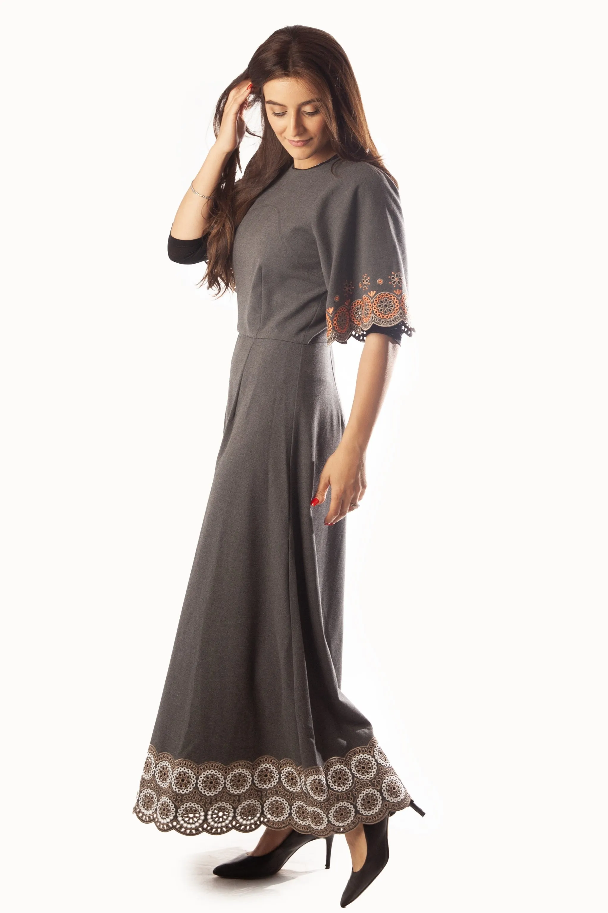 Circle Embroidered sleeves   Hem Dress