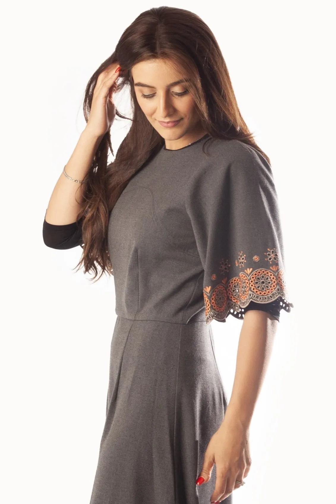 Circle Embroidered sleeves   Hem Dress